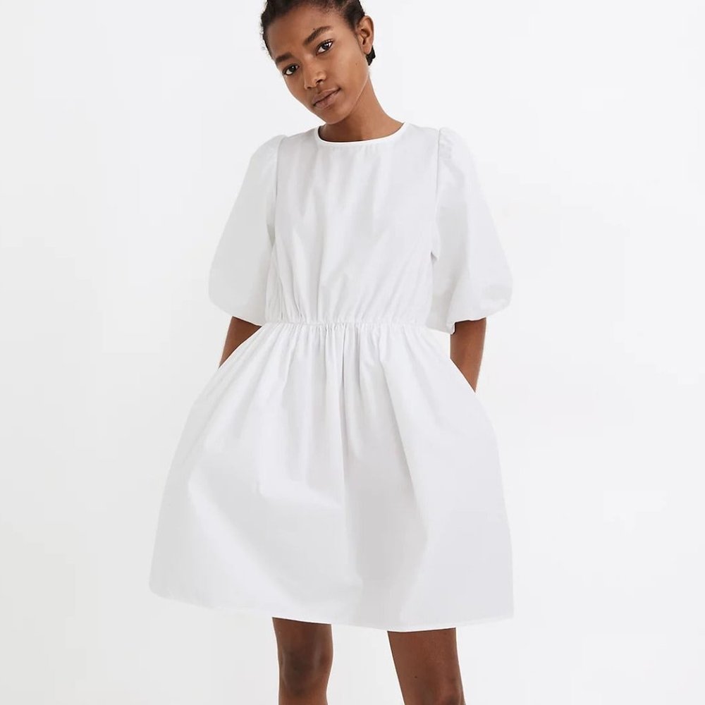 Madewell Poplin Crewneck Bubble-Sleeve Mini Dress